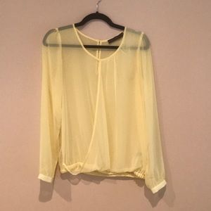 Sheer yellow faux wrap top size small
